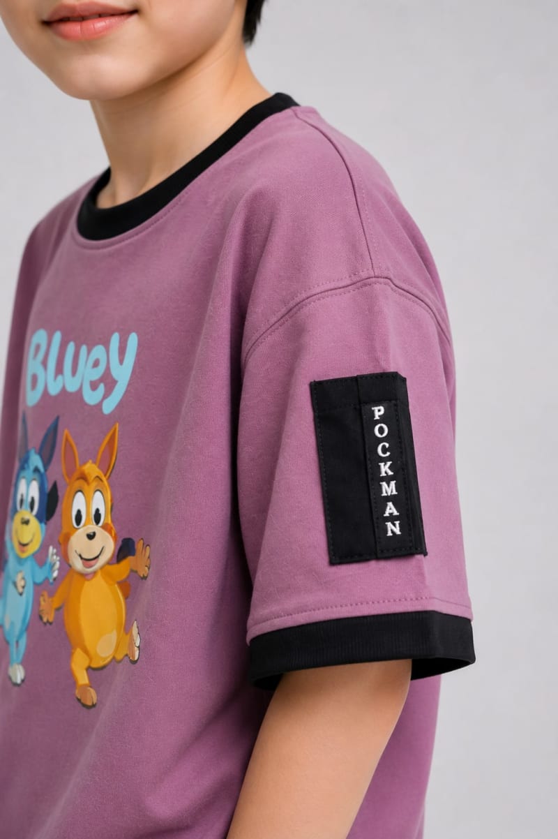 Pockman Kid Oversized Cotton Terry Printed Bluey Mauve Tshirt - Image 3