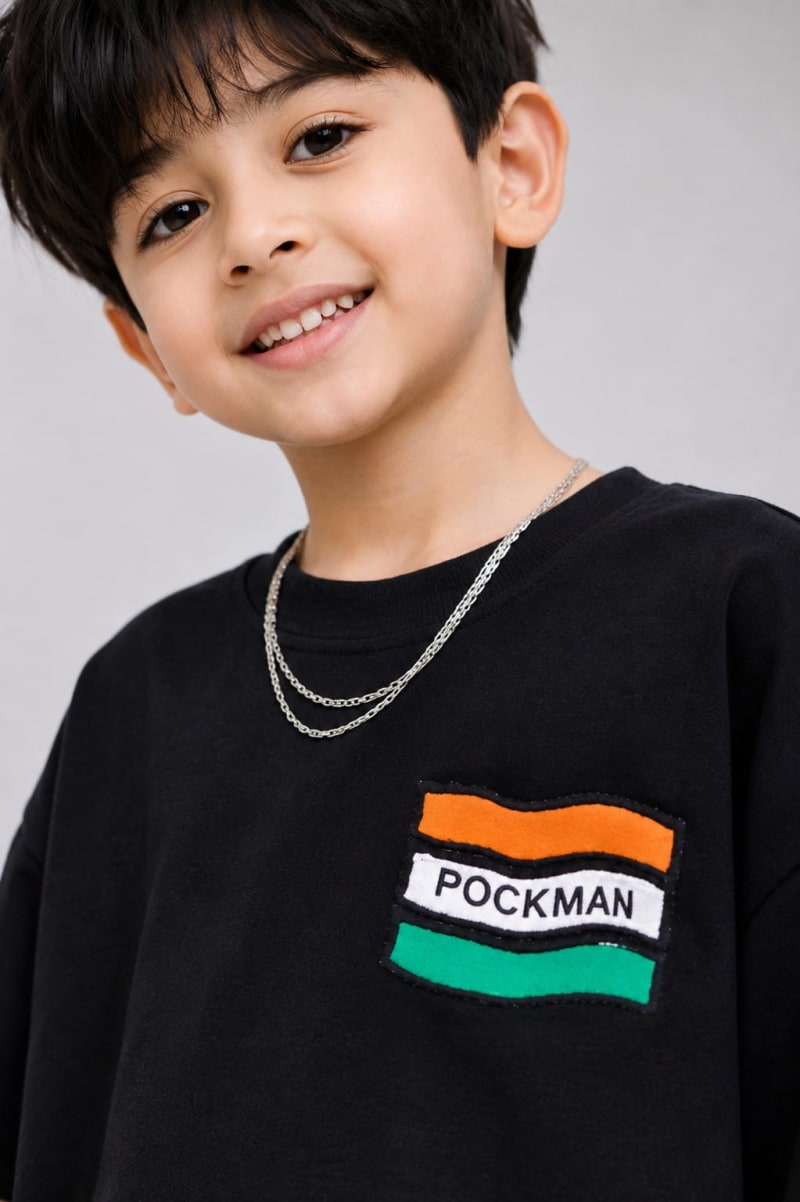 Pockman Kid Oversized Cotton Terry Flag Printed Black Tshirt - Image 4