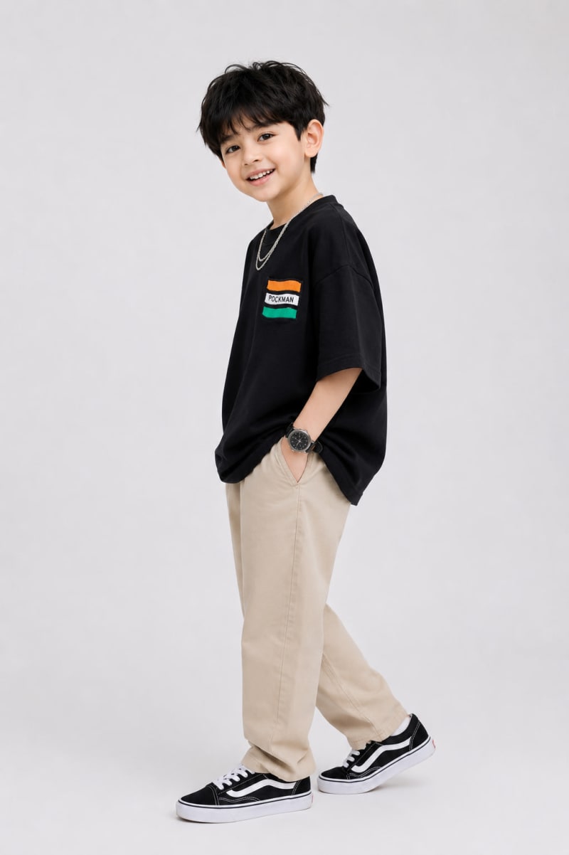 Pockman Kid Oversized Cotton Terry Flag Printed Black Tshirt - Image 3