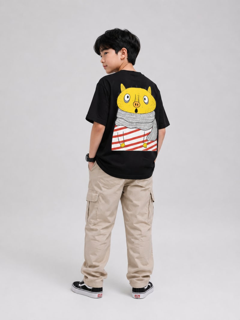 Pockman Kid Oversized Cotton Terry Pocket Flap Black Tshirt - Image 3