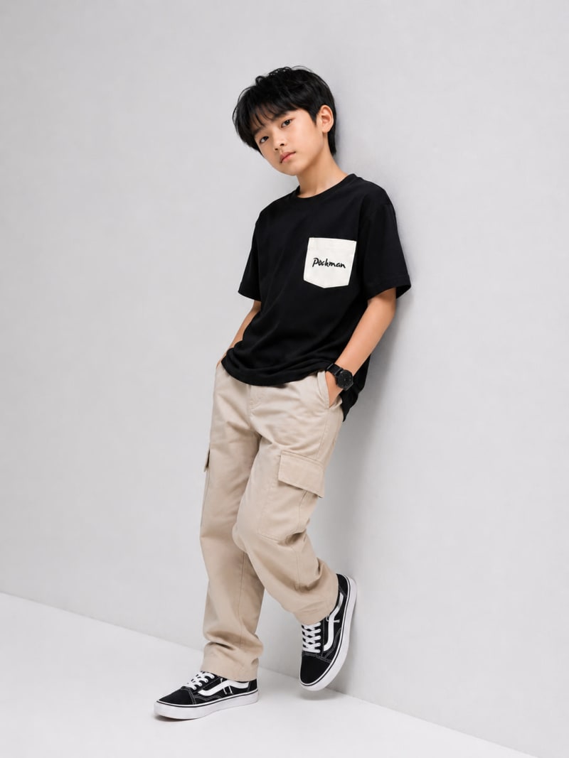 Pockman Kid Oversized Cotton Terry Pocket Flap Black Tshirt - Image 4