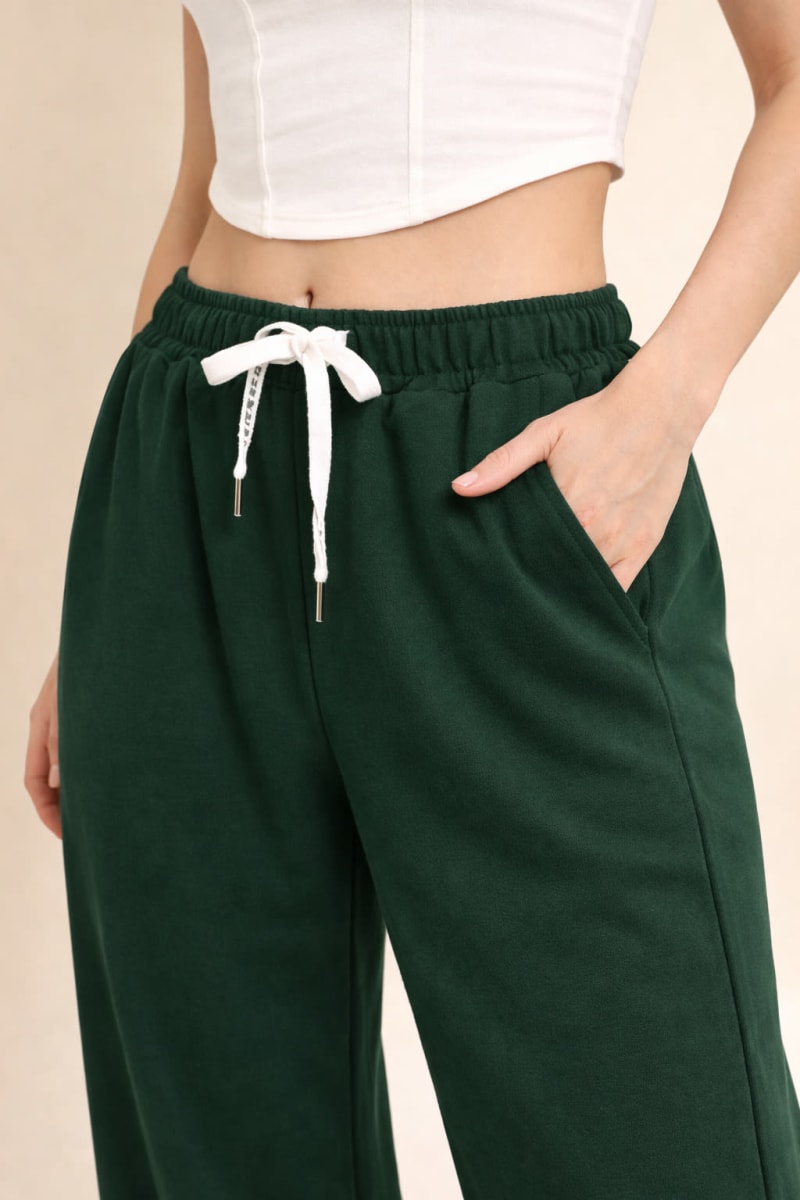 Pockman Relaxed Fit Solid Cotton Terry Bottle Green Jogger - Image 4