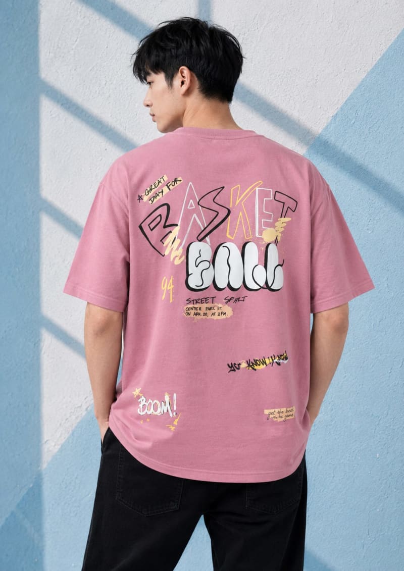Pockman Men Oversized Cotton Basketball Puff Printed Dusty Lavender Tshirt - Image 3
