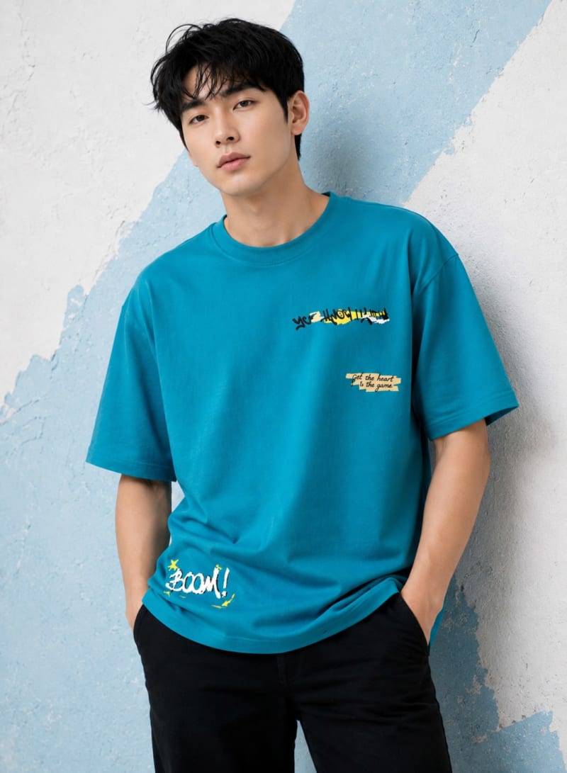 Pockman Men Oversized Cotton Basketball Puff Printed Teal Tshirt - Image 3