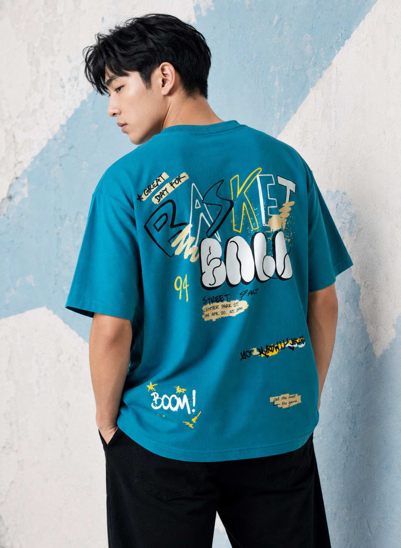 Pockman Men Oversized Cotton Basketball Puff Printed Teal Tshirt - Image 4
