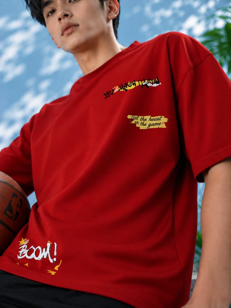 Pockman Men Oversized Cotton Basketball Puff Printed Rust Tshirt - Image 5