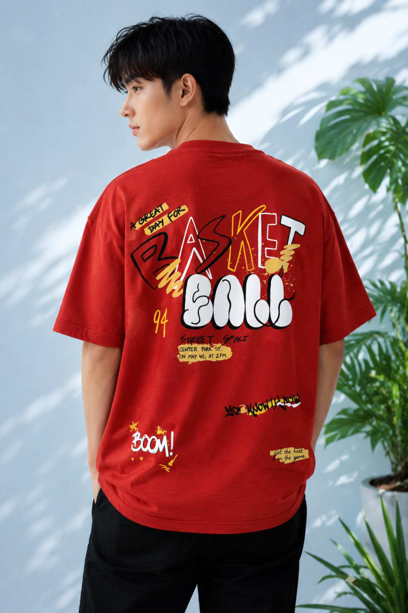 Pockman Men Oversized Cotton Basketball Puff Printed Rust Tshirt - Image 4