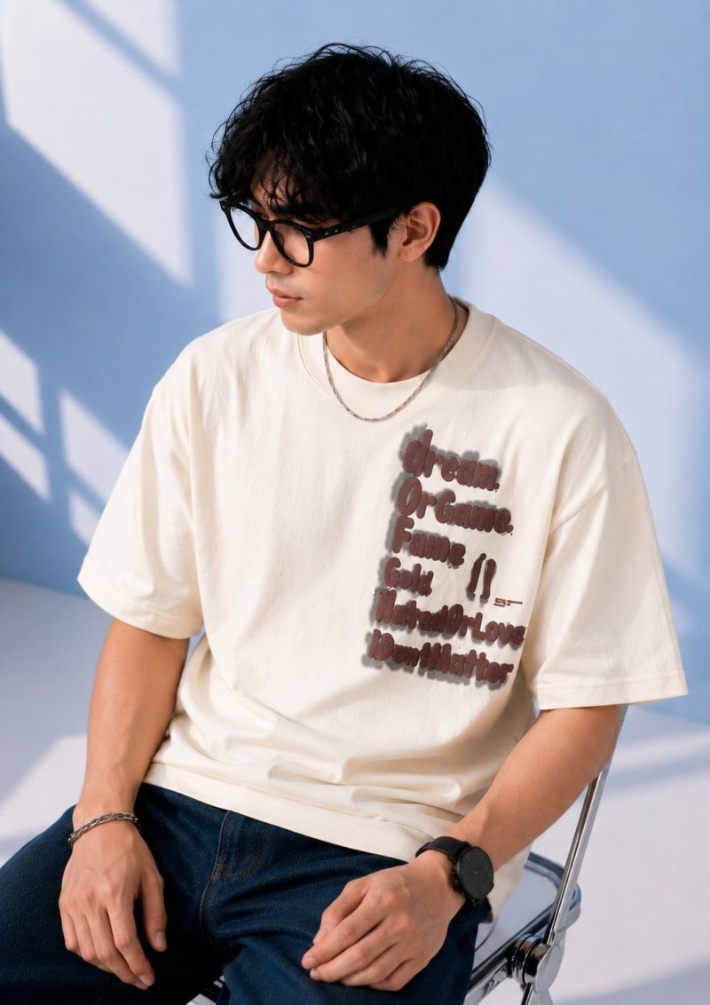 Pockman Men Oversized Cotton Dream Puff Printed Off White Tshirt - Image 5