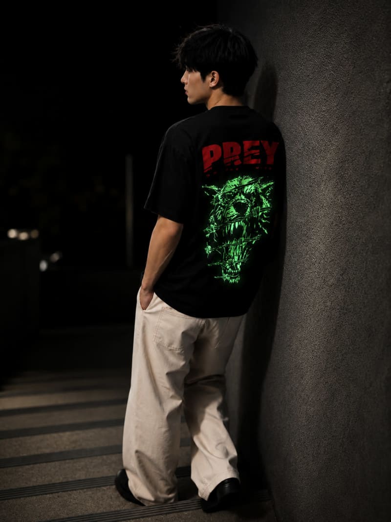 Pockman Men Oversized Cotton Prey Glow 'n' Dark Printed Black Tshirt - Image 3