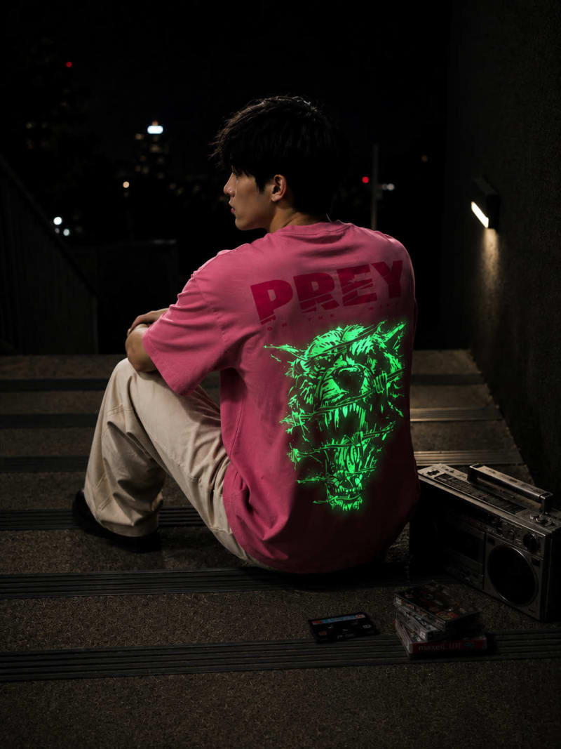 Pockman Men Oversized Cotton Prey Glow 'n' Dark Printed Coral Tshirt - Image 3