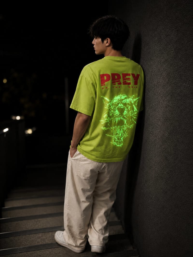Pockman Men Oversized Cotton Prey Glow 'n' Dark Printed Lime Tshirt - Image 3