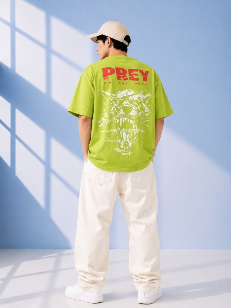 Pockman Men Oversized Cotton Prey Glow 'n' Dark Printed Lime Tshirt - Image 4