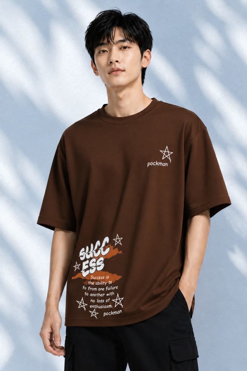 Pockman Men Oversized Cotton Sucess Glow 'n' Dark Printed Brown Tshirt - Image 3
