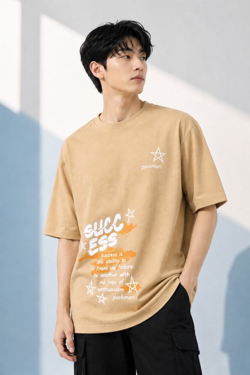 Pockman Men Oversized Cotton Sucess Glow 'n' Dark Printed Beige Tshirt - Image 3