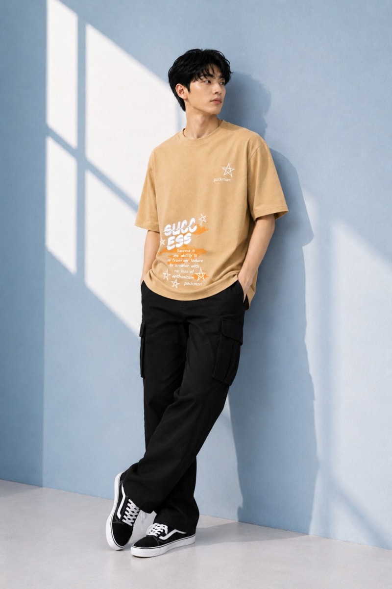 Pockman Men Oversized Cotton Sucess Glow 'n' Dark Printed Beige Tshirt - Image 4