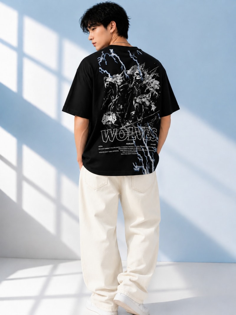 Pockman Men Oversized Cotton Wolf Glow 'n' Dark Printed Black Tshirt - Image 5