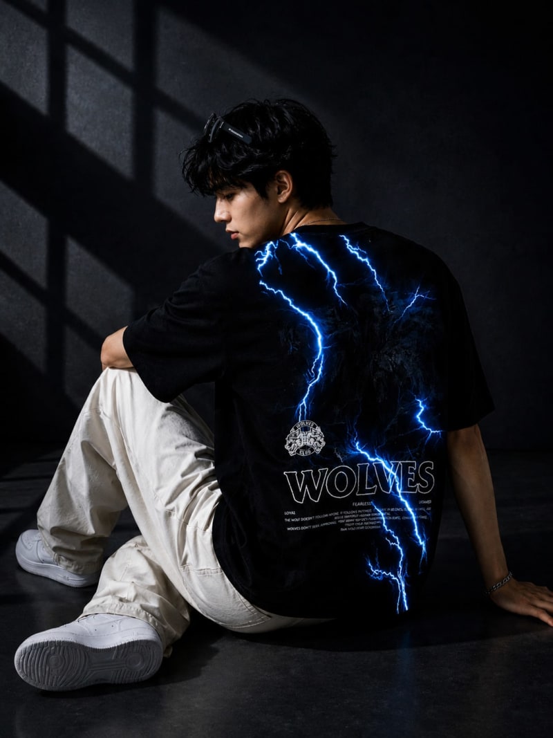 Pockman Men Oversized Cotton Wolf Glow 'n' Dark Printed Black Tshirt - Image 3