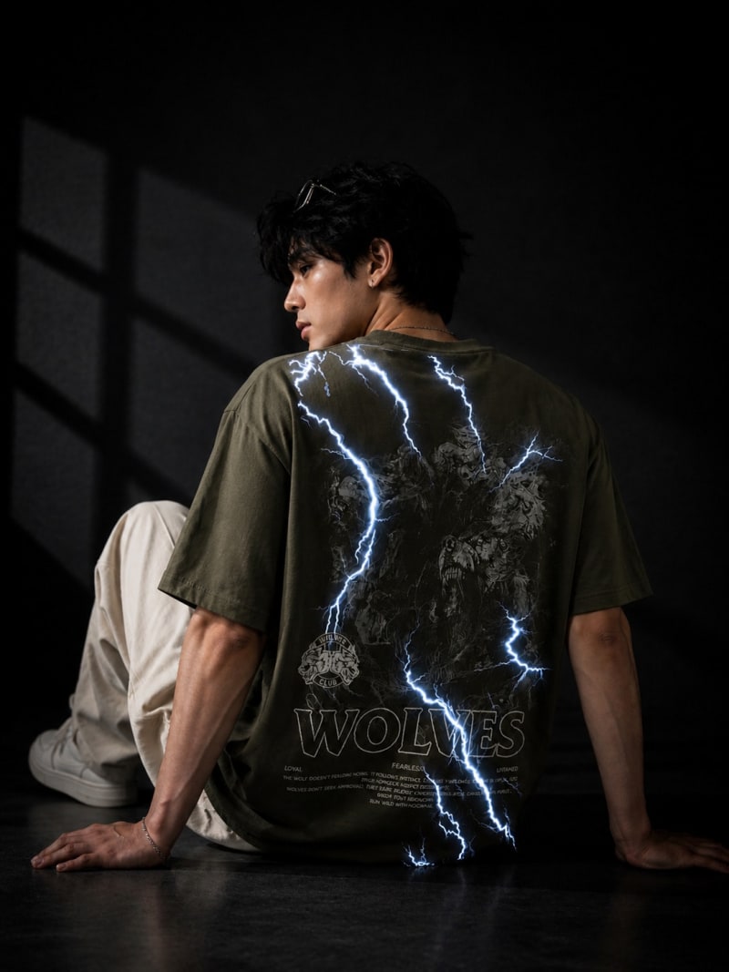 Pockman Men Oversized Cotton Wolf Glow 'n' Dark Printed Olive Tshirt - Image 3