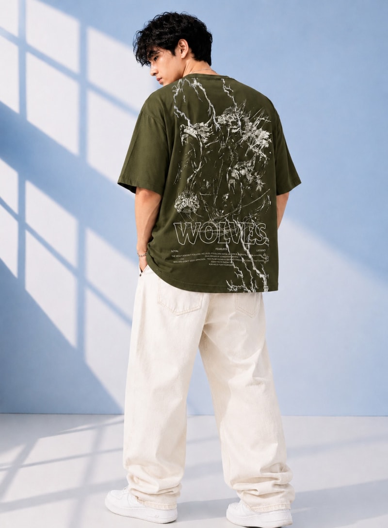 Pockman Men Oversized Cotton Wolf Glow 'n' Dark Printed Olive Tshirt - Image 4