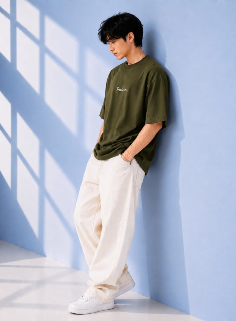 Pockman Men Oversized Cotton Wolf Glow 'n' Dark Printed Olive Tshirt - Image 6
