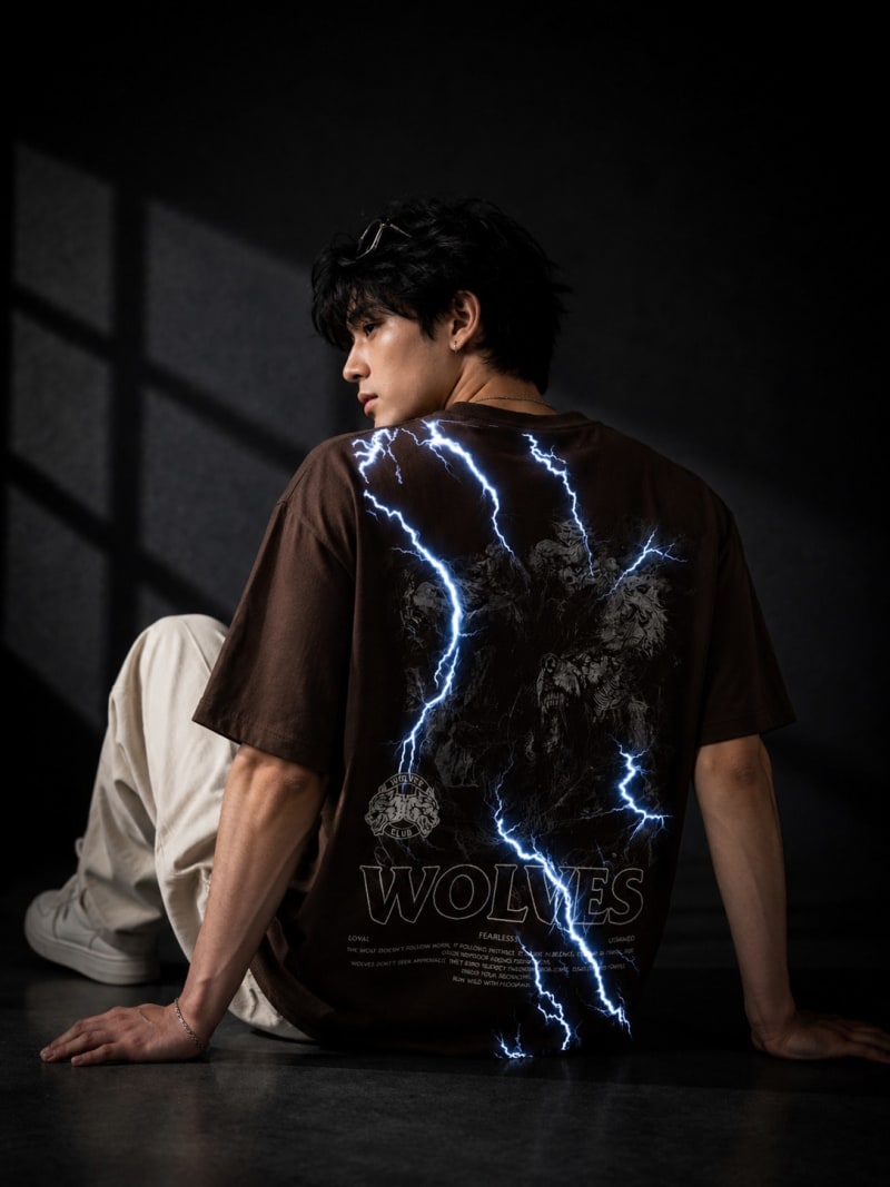 Pockman Men Oversized Cotton Wolf Glow 'n' Dark Printed Brown Tshirt - Image 3