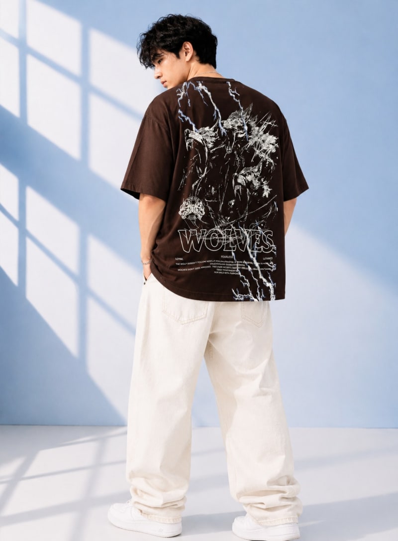 Pockman Men Oversized Cotton Wolf Glow 'n' Dark Printed Brown Tshirt - Image 4