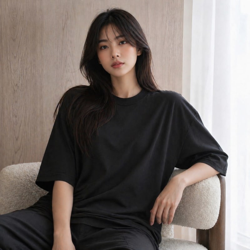 PockMAN Women Oversized Fit Cotton Classic Round Neck Black Tshirt - Image 3