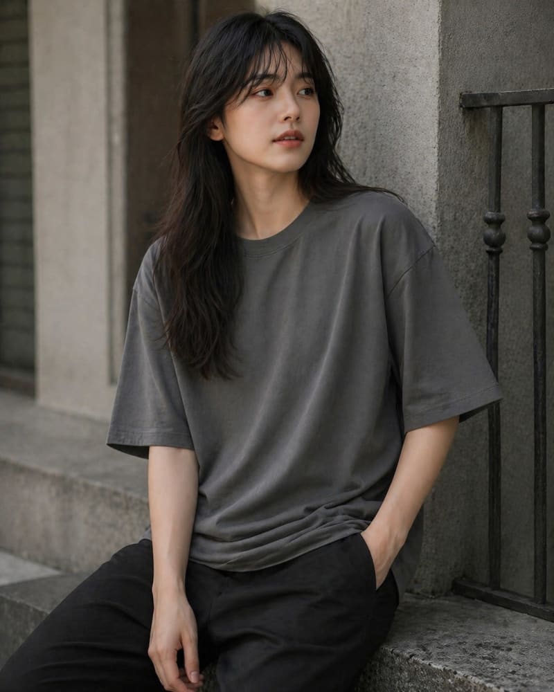 PockMAN Women Oversized Fit Cotton Classic Round Neck Grey Tshirt - Image 3
