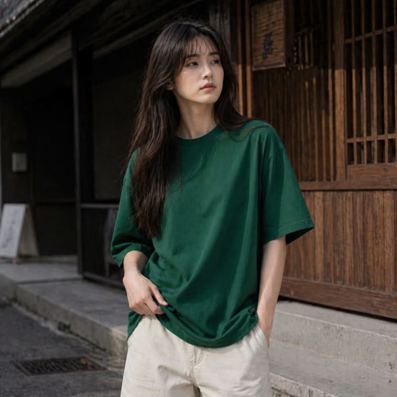 PockMAN Women Oversized Fit Cotton Classic Round Neck Green Tshirt - Image 3