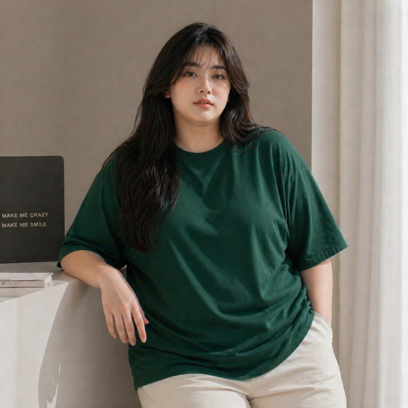 PockMAN Women Oversized Fit Cotton Classic Round Neck Green Tshirt - Image 4