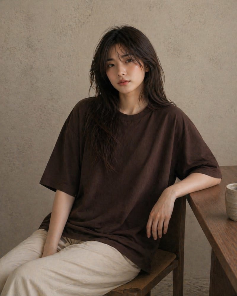 PockMAN Women Oversized Fit Cotton Classic Round Neck Brown Tshirt - Image 3