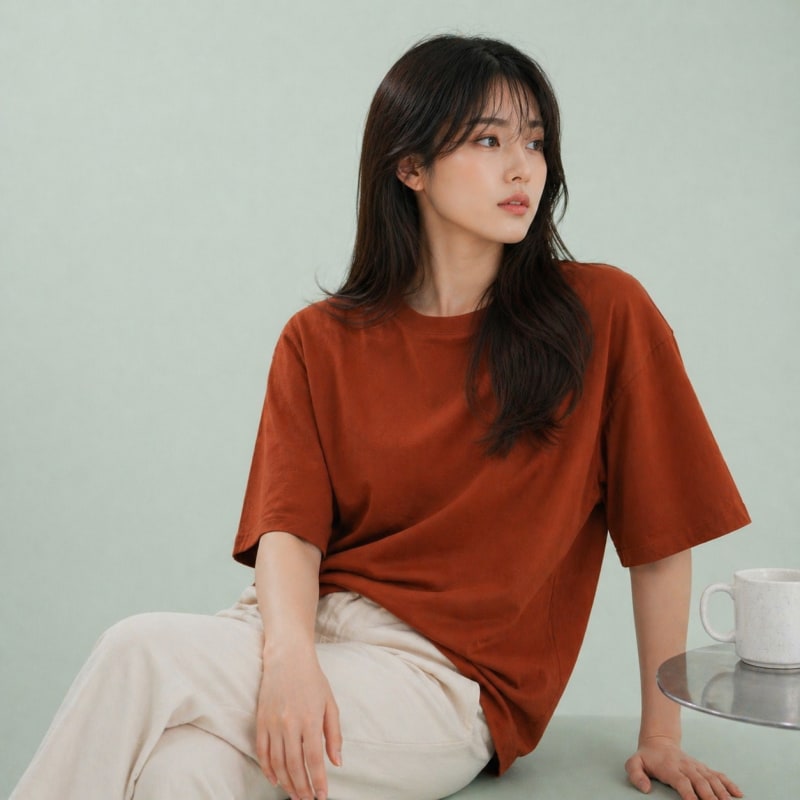 PockMAN Women Oversized Fit Cotton Classic Round Neck Rust Tshirt - Image 3