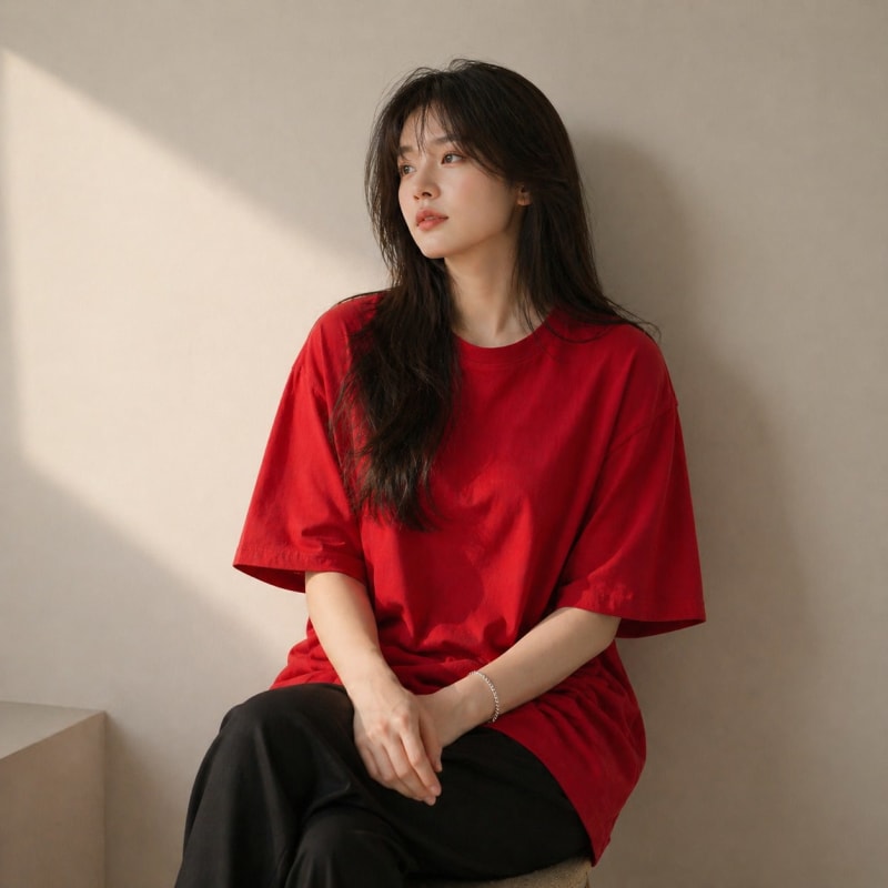 PockMAN Women Oversized Fit Cotton Classic Round Neck Red Tshirt - Image 3