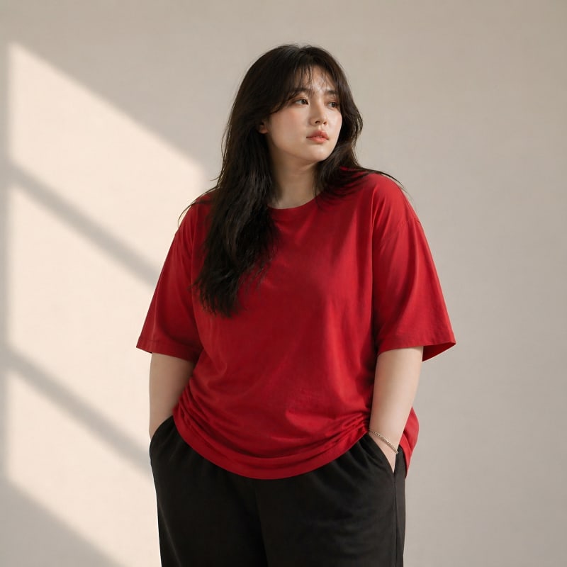 PockMAN Women Oversized Fit Cotton Classic Round Neck Red Tshirt - Image 4