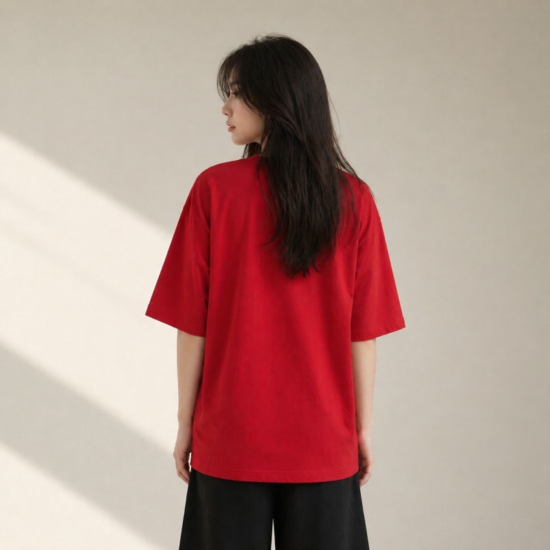 PockMAN Women Oversized Fit Cotton Classic Round Neck Red Tshirt - Image 6
