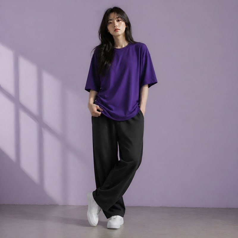 PockMAN Women Oversized Fit Cotton Classic Round Neck Voilet Tshirt - Image 3