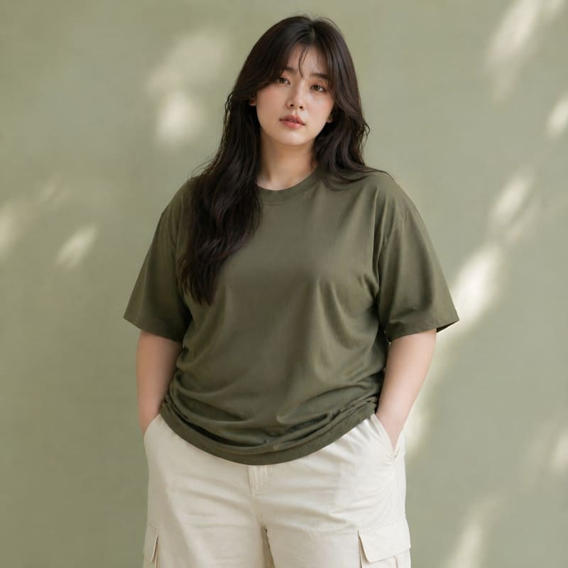 PockMAN Women Oversized Fit Cotton Classic Round Neck Olive Tshirt - Image 4