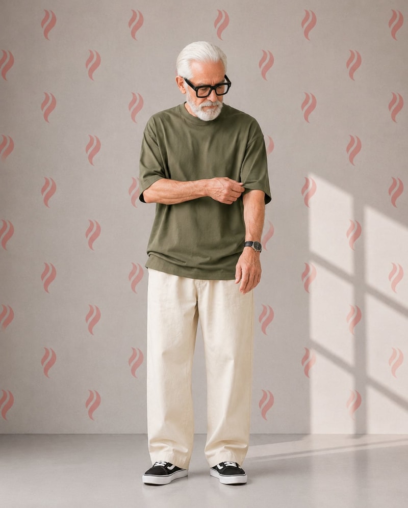 PockMAN Oversized Fit Cotton Classic Round Neck Olive Tshirt - Image 3