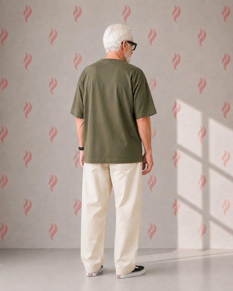 PockMAN Oversized Fit Cotton Classic Round Neck Olive Tshirt - Image 4