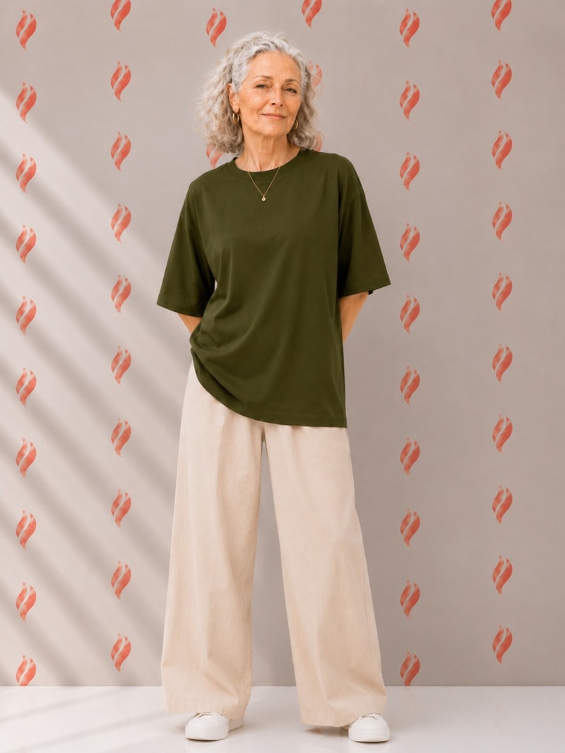 PockMAN Oversized Fit Cotton Classic Round Neck Olive Tshirt - Image 3