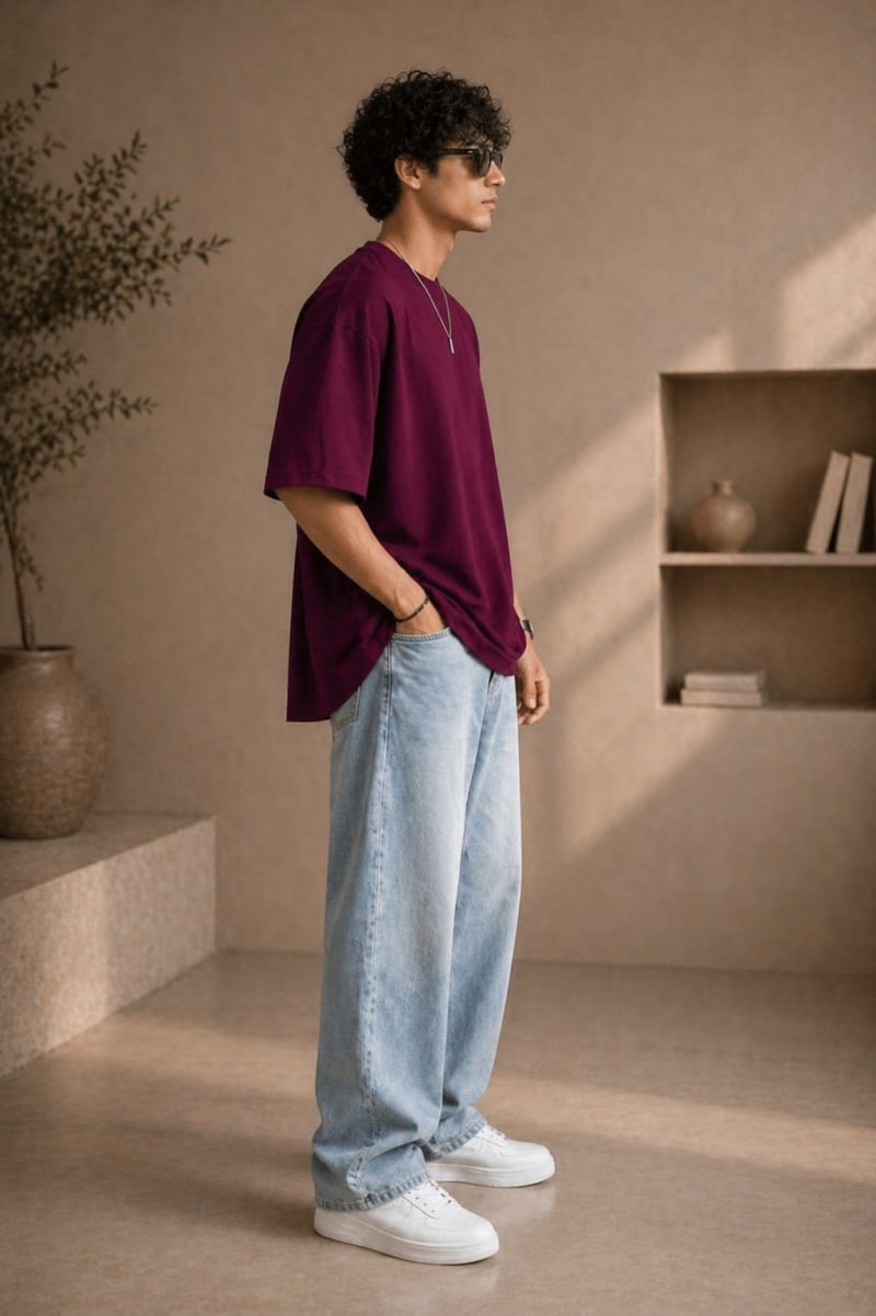 PockMAN Mens Oversized Solid Pure Cotton Terry Maroon Tshirt - Image 4