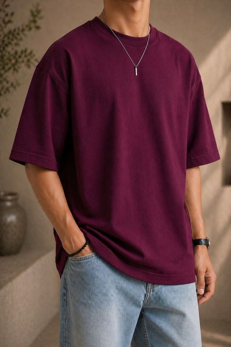PockMAN Mens Oversized Solid Pure Cotton Terry Maroon Tshirt - Image 6