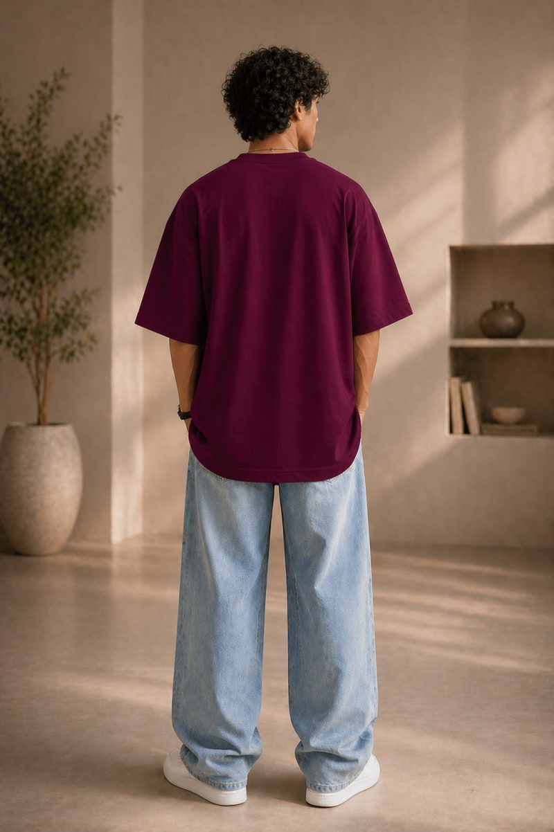 PockMAN Mens Oversized Solid Pure Cotton Terry Maroon Tshirt - Image 5