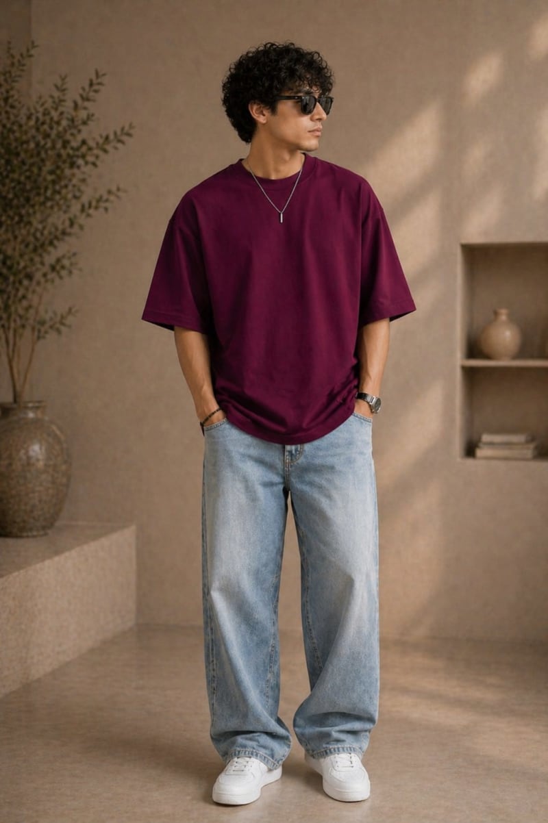 PockMAN Mens Oversized Solid Pure Cotton Terry Maroon Tshirt - Image 3