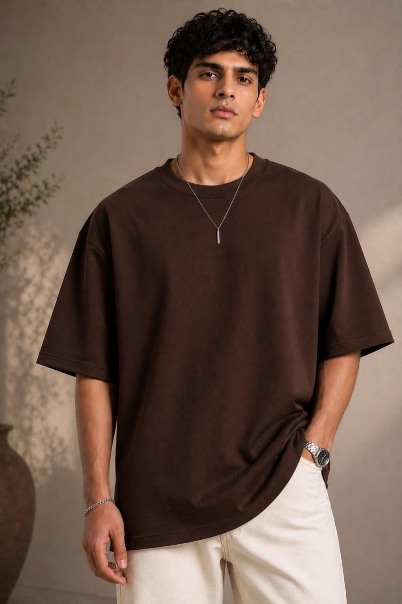 PockMAN Mens Oversized Solid Pure Cotton Terry Dark Brown Tshirt - Image 3