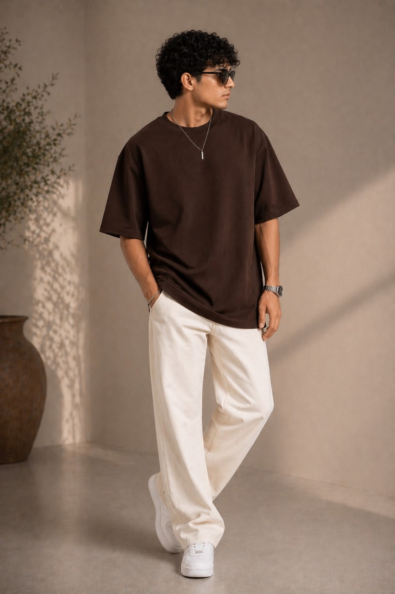 PockMAN Mens Oversized Solid Pure Cotton Terry Dark Brown Tshirt - Image 4