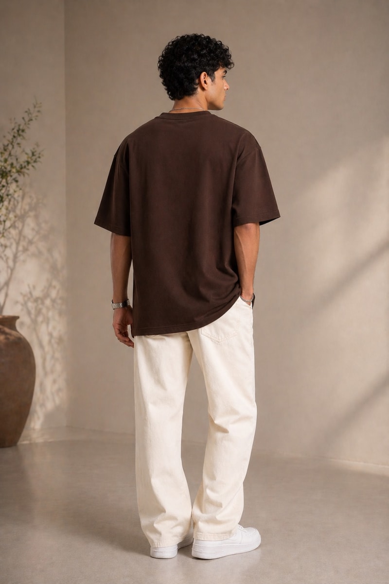 PockMAN Mens Oversized Solid Pure Cotton Terry Dark Brown Tshirt - Image 6