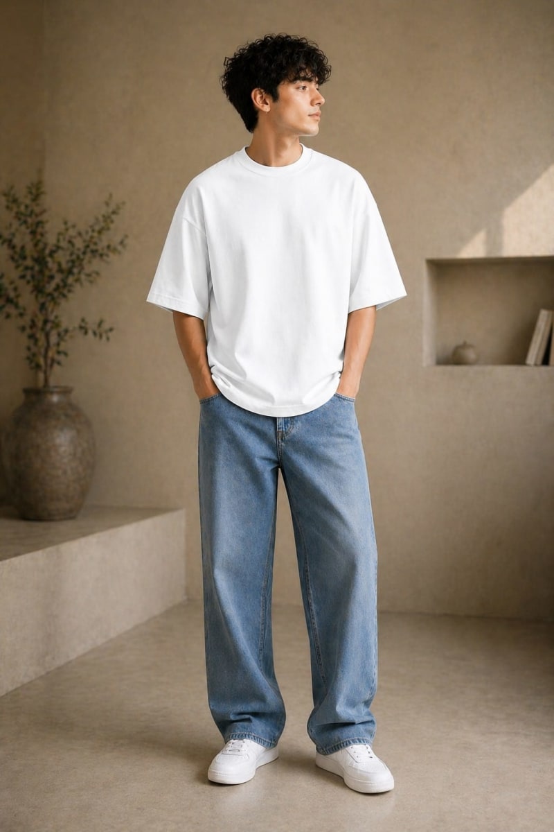 PockMAN Mens Oversized Solid Pure Cotton Terry White Tshirt - Image 3