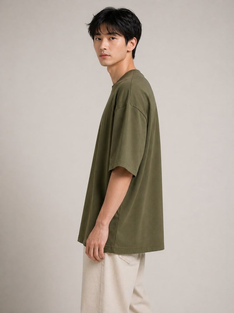 PockMAN Mens Oversized Solid Pure Cotton Terry Dark Olive Tshirt - Image 3
