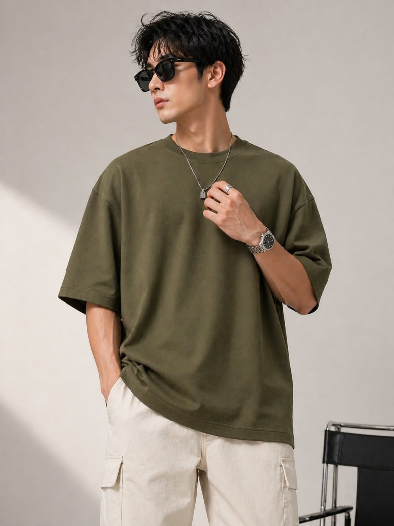 PockMAN Mens Oversized Solid Pure Cotton Terry Dark Olive Tshirt - Image 4